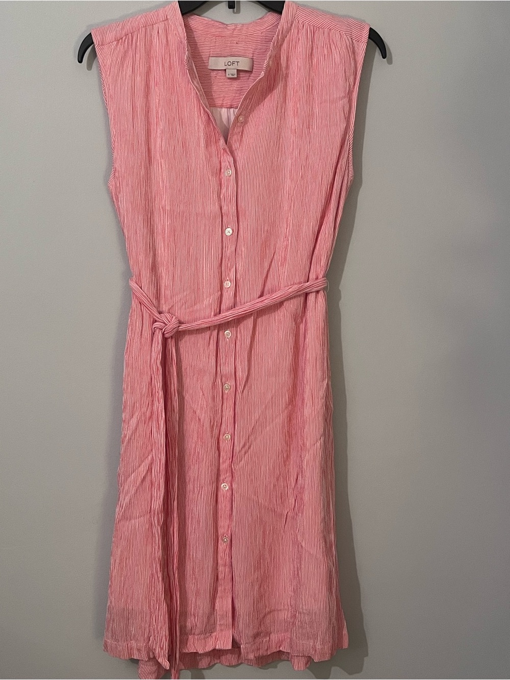 LOFT Pink/Red Sleeveless Button-Front Belted Midi Dress Sz S